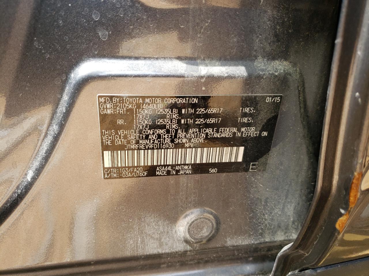 Photo 10 from auction – 2015 TOYOTA RAV4 XLE with VIN JTMRFREV9FD116930