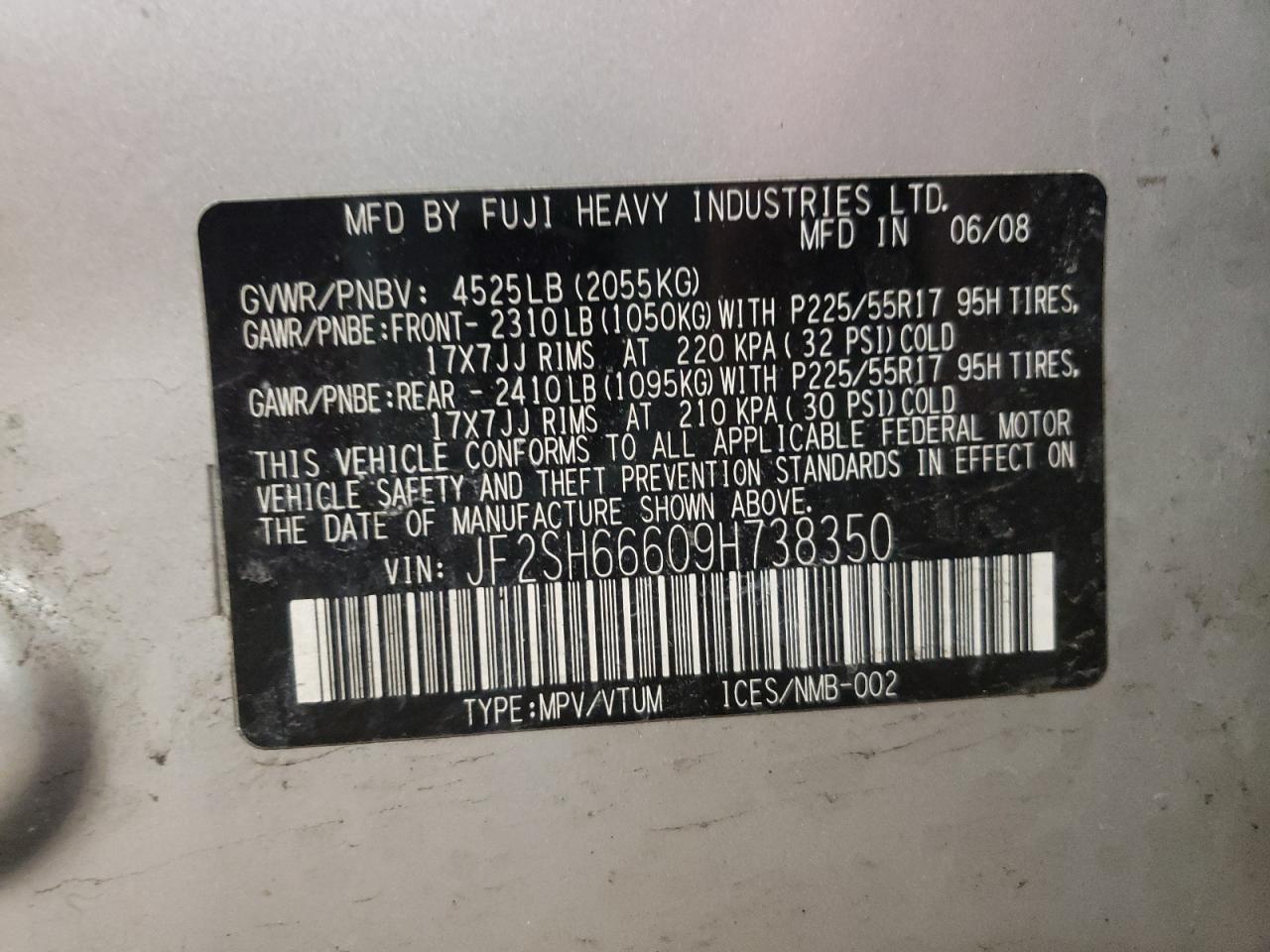 Photo 10 from auction – 2009 SUBARU FORESTER X with VIN JF2SH66609H738350