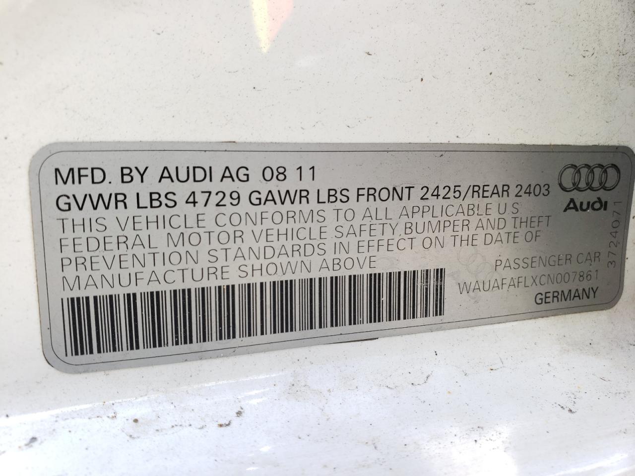 Photo 10 from auction – 2012 AUDI A4 PREMIUM with VIN WAUAFAFLXCN007861
