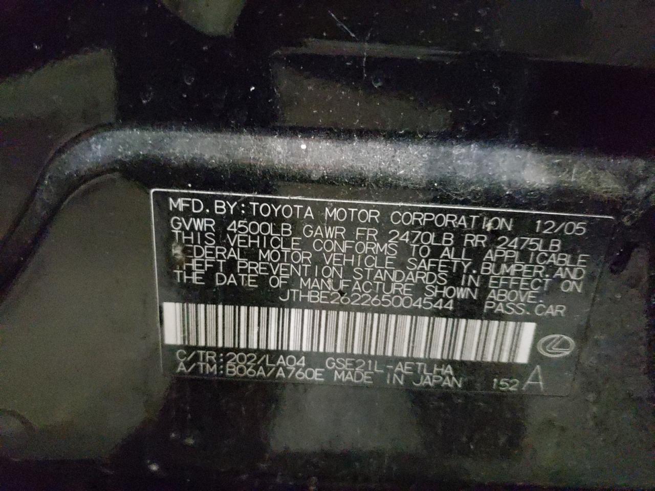 Photo 10 from auction – 2006 LEXUS IS 350 with VIN JTHBE262265004544