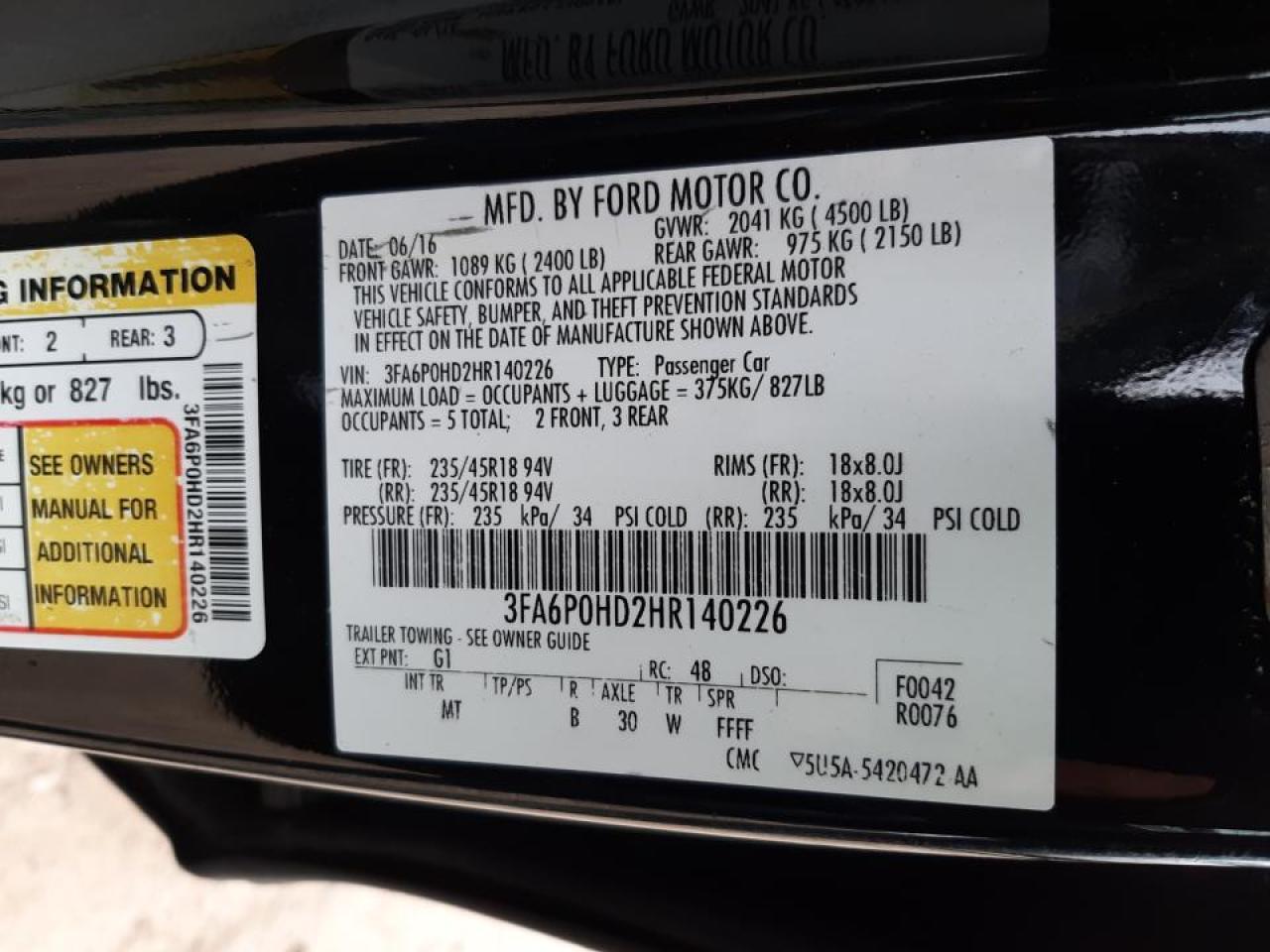 Photo 10 from auction – 2017 FORD FUSION SE with VIN 3FA6P0HD2HR140226