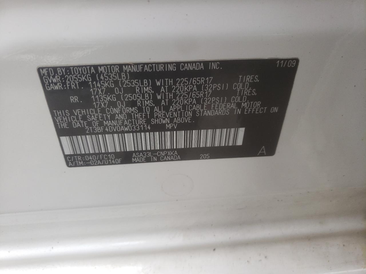 Photo 10 from auction – 2010 TOYOTA RAV4 with VIN 2T3BF4DV0AW033114