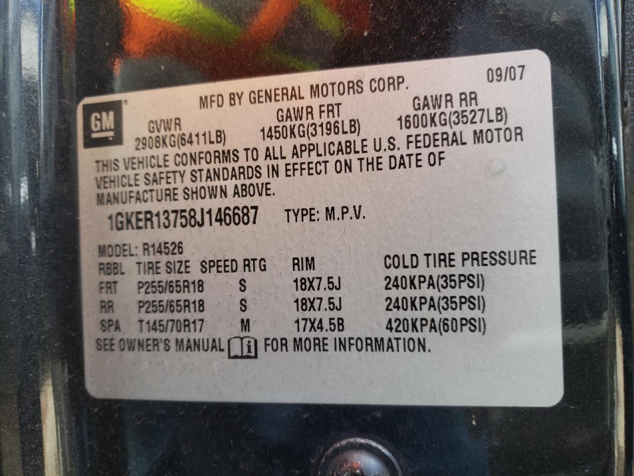 Photo 10 from auction – 2008 GMC ACADIA SLE with VIN 1GKER13758J146687