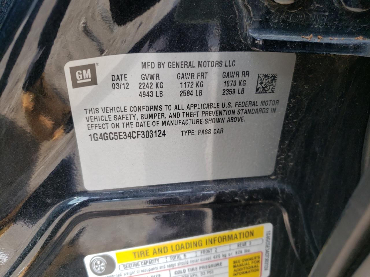 Photo 10 from auction – 2012 BUICK LACROSSE with VIN 1G4GC5E34CF303124