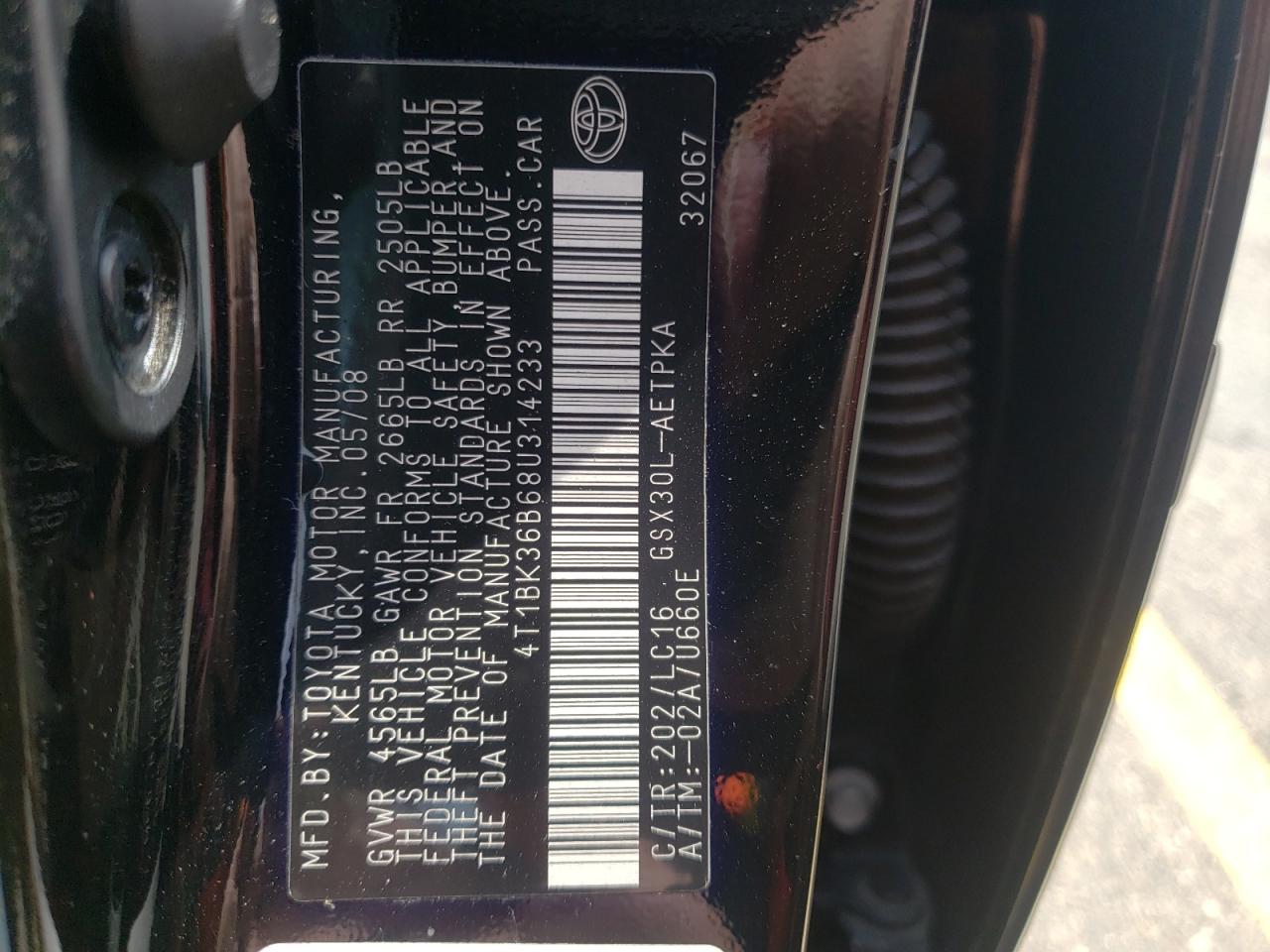 Photo 10 from auction – 2008 TOYOTA AVALON with VIN 4T1BK36B68U314233