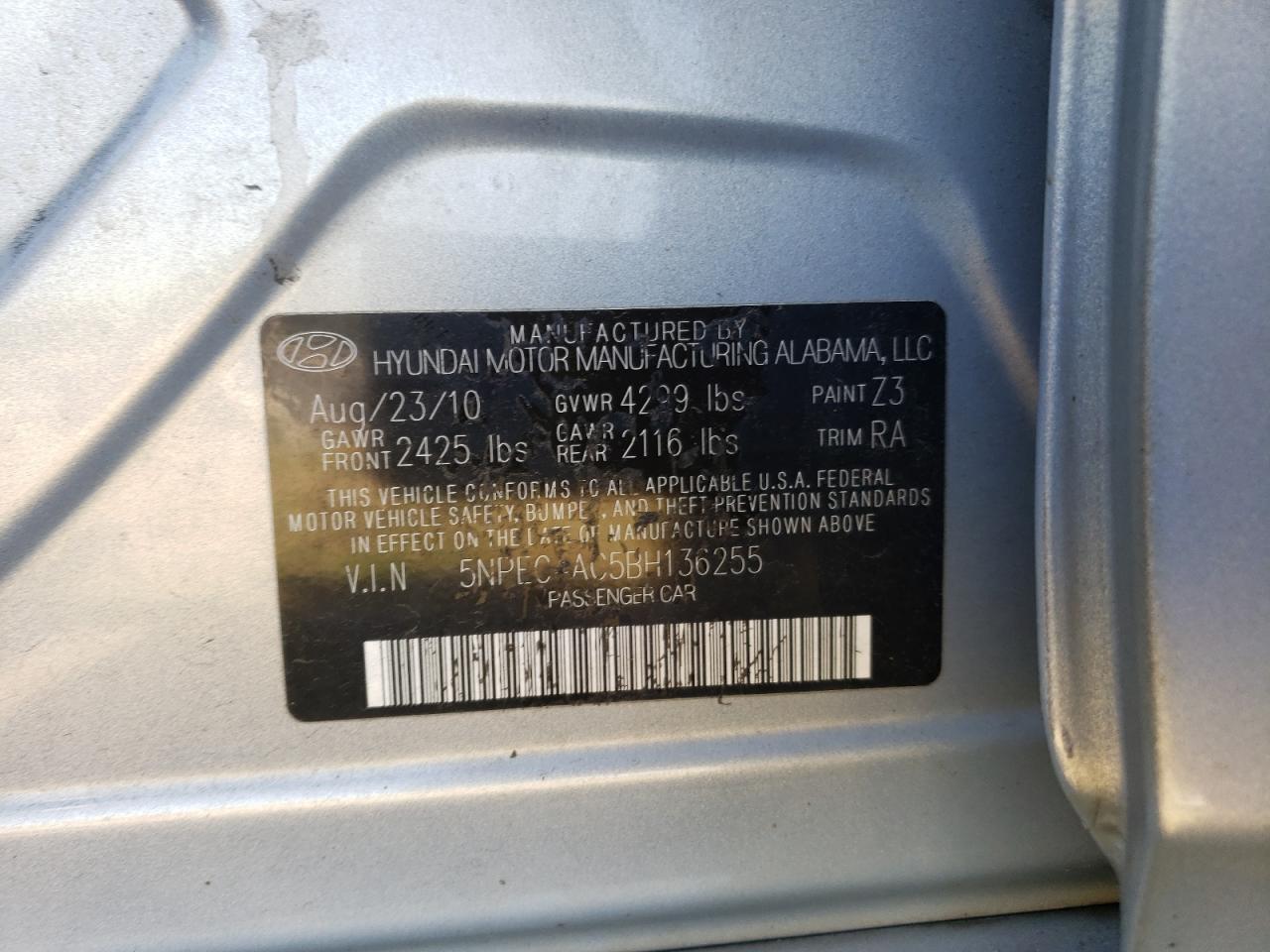 Photo 10 from auction – 2011 HYUNDAI SONATA SE with VIN 5NPEC4AC5BH136255