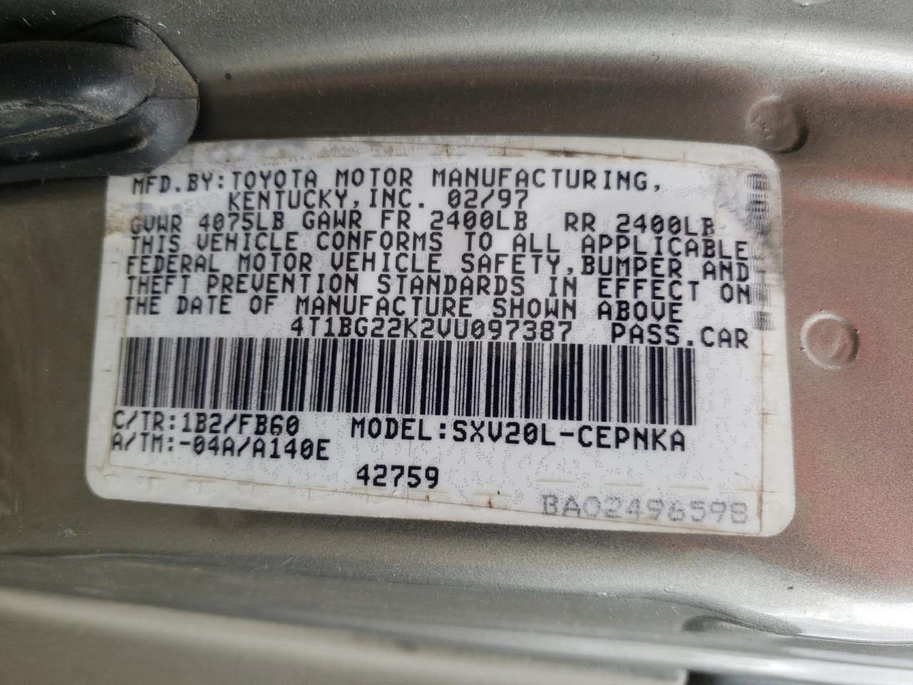 Photo 10 from auction – 1997 TOYOTA CAMRY CE with VIN 4T1BG22K2VU097387