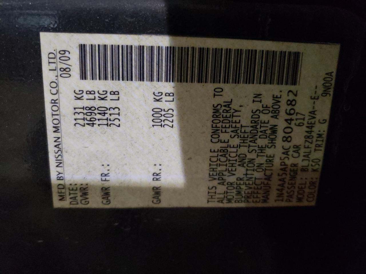 Photo 10 from auction – 2010 NISSAN MAXIMA S with VIN 1N4AA5AP5AC804682