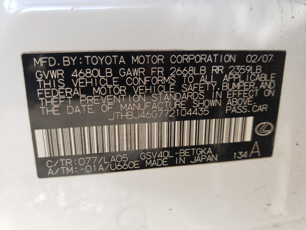Photo 10 from auction – 2007 LEXUS ES 350 with VIN JTHBJ46G772104435