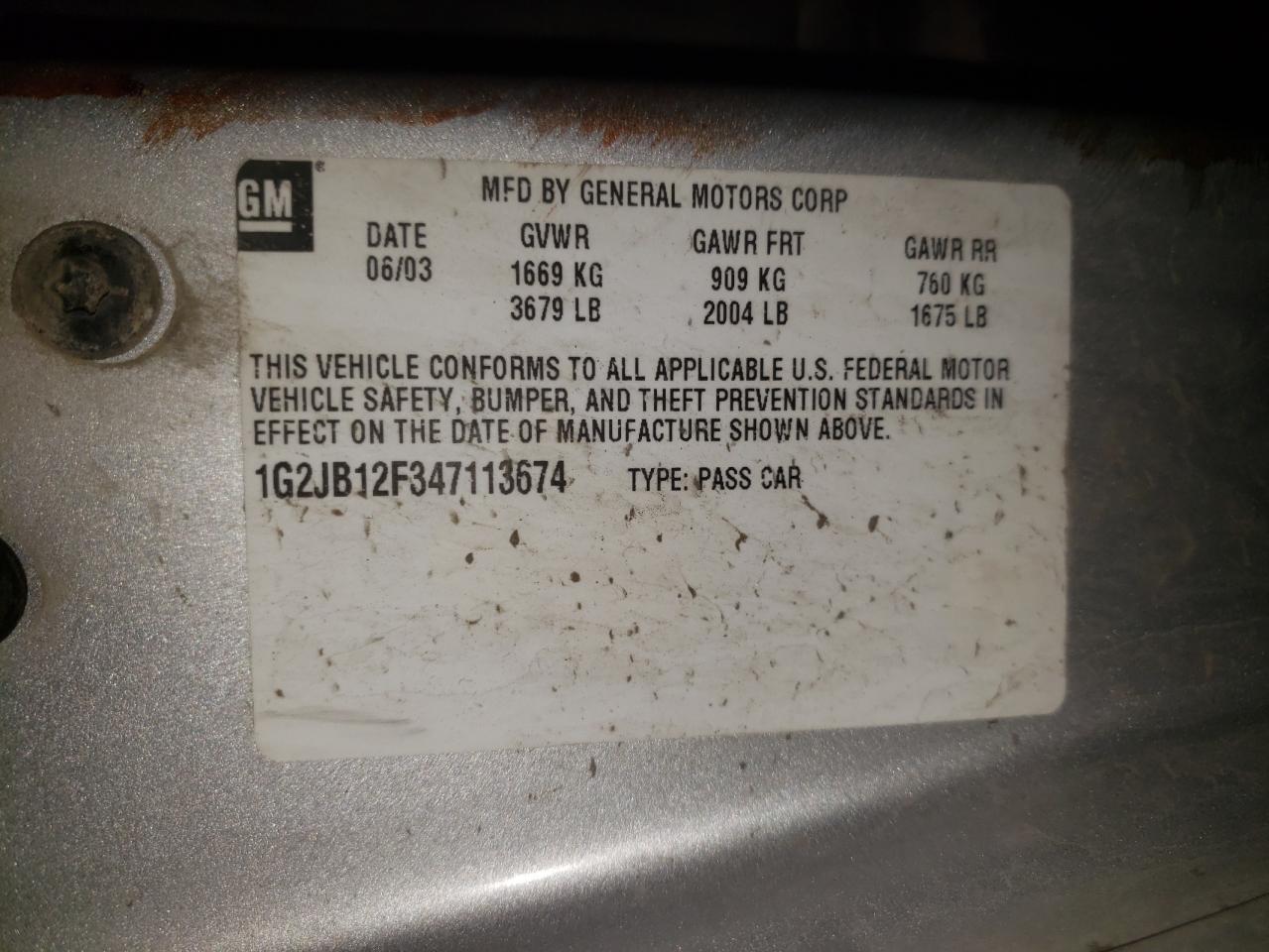Photo 10 from auction – 2004 PONTIAC SUNFIRE with VIN 1G2JB12F347113674