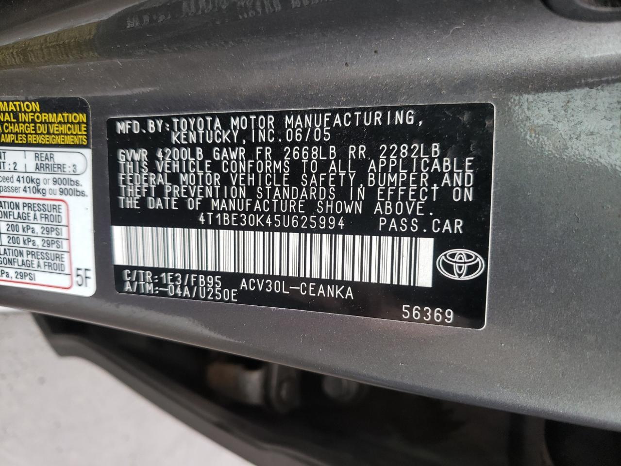Photo 10 from auction – 2005 TOYOTA CAMRY LE with VIN 4T1BE30K45U625994