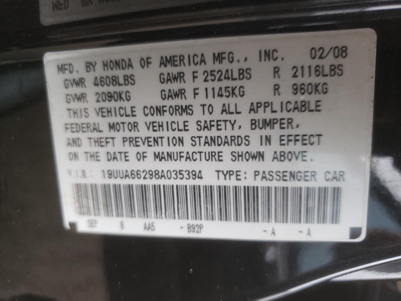 Photo 10 from auction – 2008 ACURA TL with VIN 19UUA66298A035394