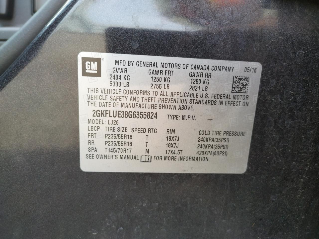 Photo 10 from auction – 2016 GMC TERRAIN SL with VIN 2GKFLUE38G6355824