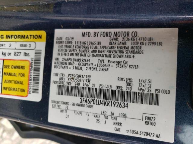 Photo 9 from auction – 2019 FORD FUSION SE with VIN 3FA6P0LU4KR192634