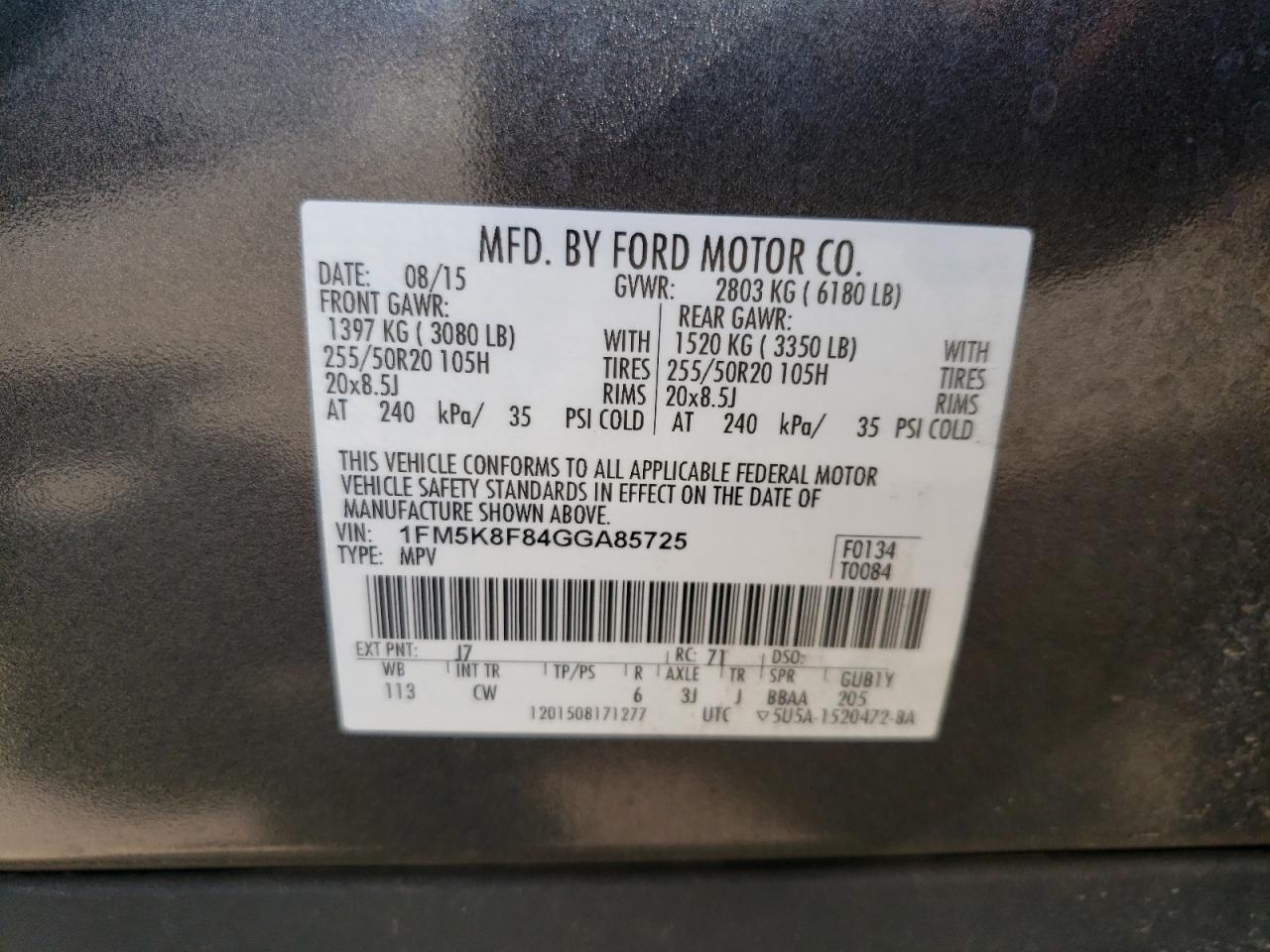 Photo 10 from auction – 2016 FORD EXPLORER L with VIN 1FM5K8F84GGA85725