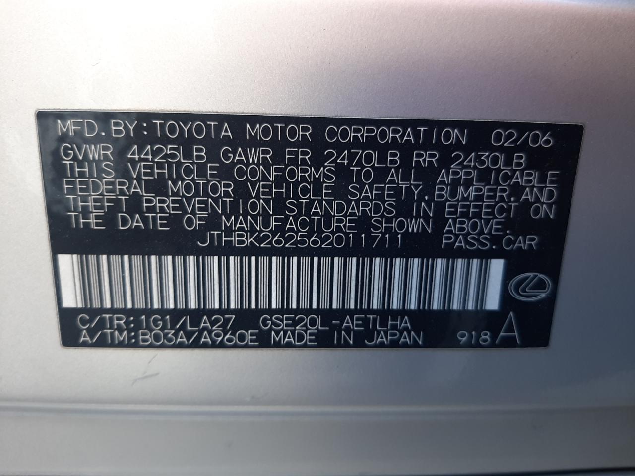 Photo 10 from auction – 2006 LEXUS IS 250 with VIN JTHBK262562011711