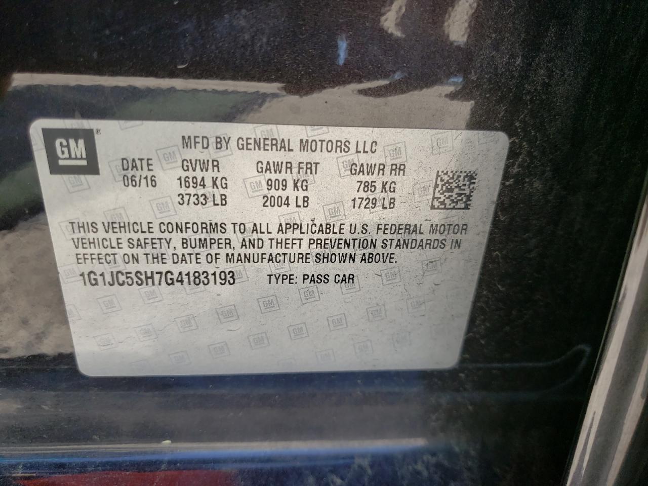 Photo 10 from auction – 2016 CHEVROLET SONIC LT with VIN 1G1JC5SH7G4183193