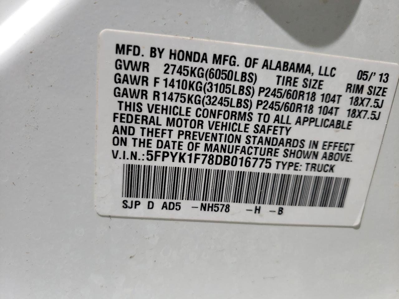 Photo 10 from auction – 2013 HONDA RIDGELINE with VIN 5FPYK1F78DB016775