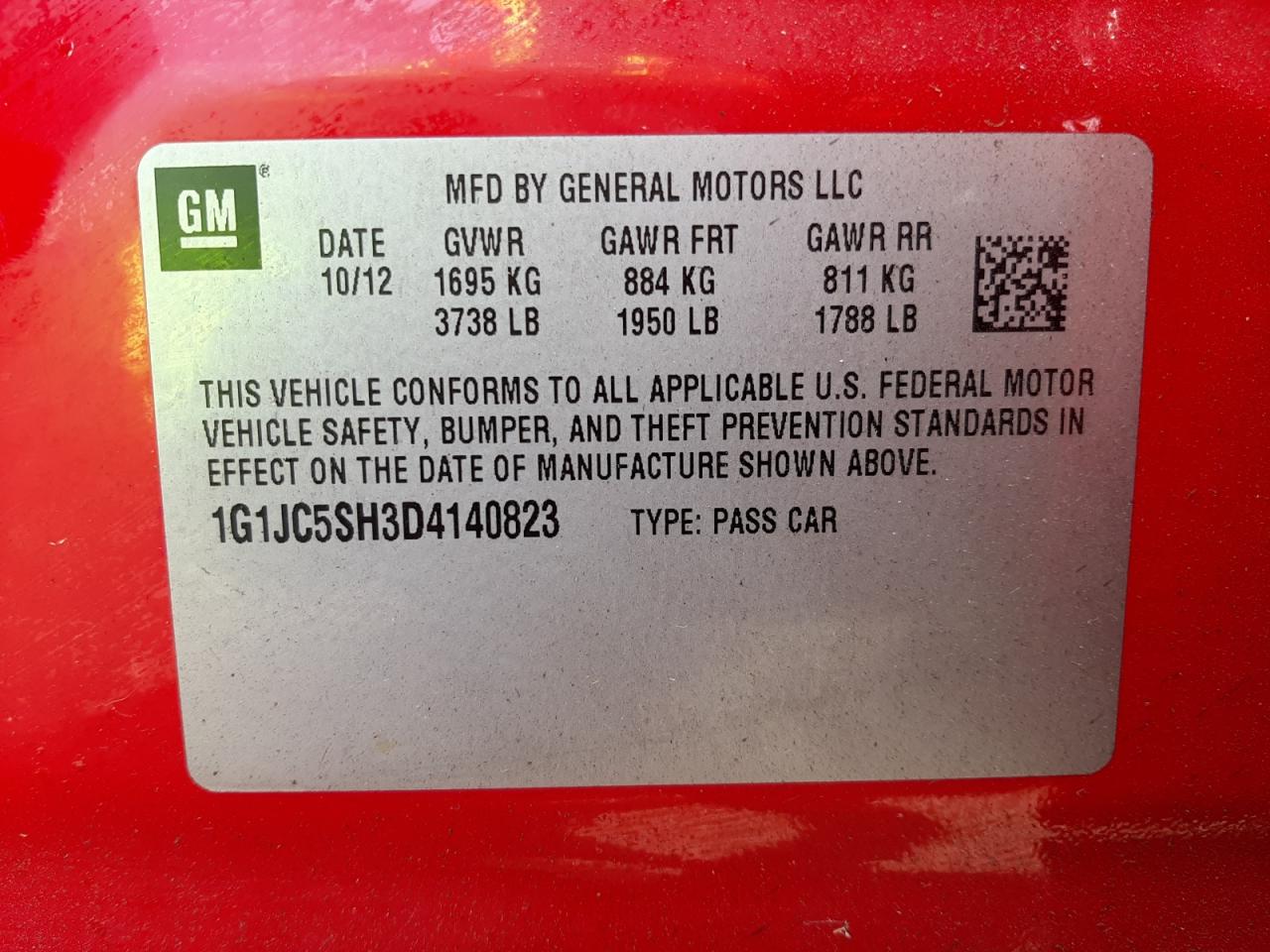 Photo 10 from auction – 2013 CHEVROLET SONIC LT with VIN 1G1JC5SH3D4140823