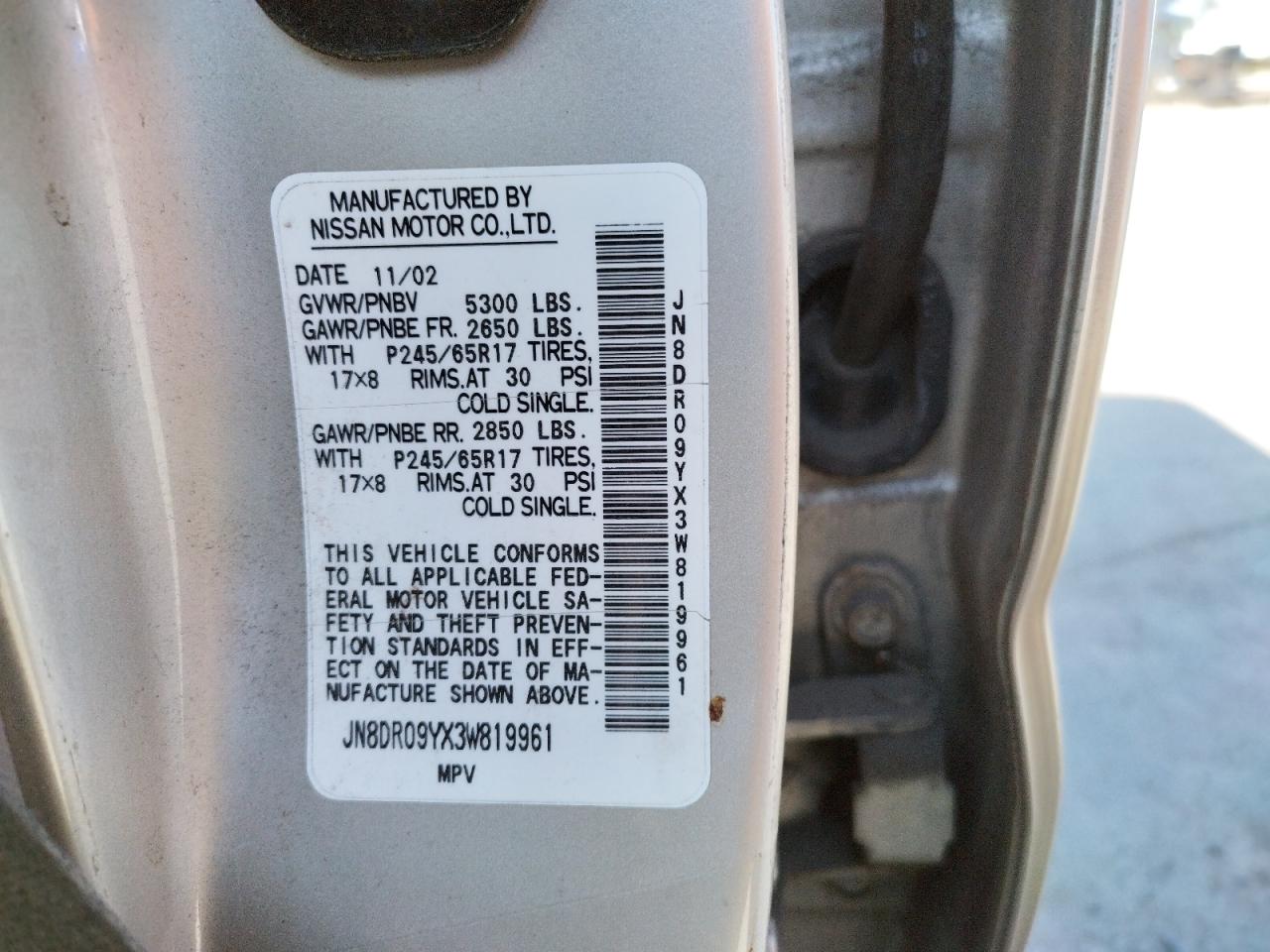 Photo 10 from auction – 2003 NISSAN PATHFINDER with VIN JN8DR09YX3W819961
