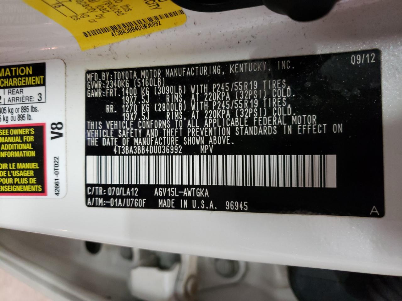 Photo 10 from auction – 2013 TOYOTA VENZA LE with VIN 4T3BA3BB4DU036992