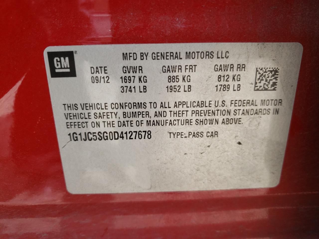 Photo 10 from auction – 2013 CHEVROLET SONIC LT with VIN 1G1JC5SG0D4127678
