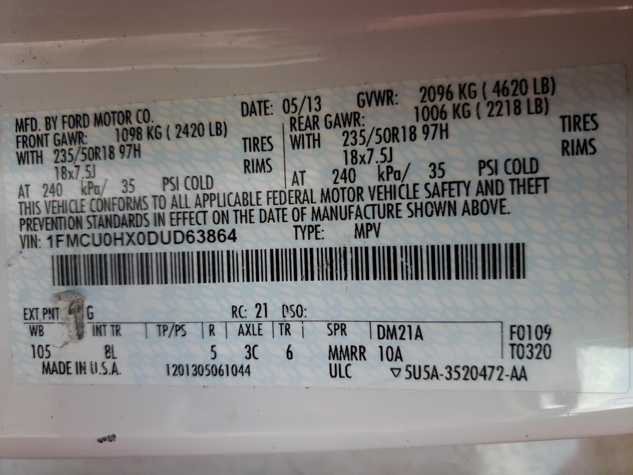 Photo 10 from auction – 2013 FORD ESCAPE SEL with VIN 1FMCU0HX0DUD63864
