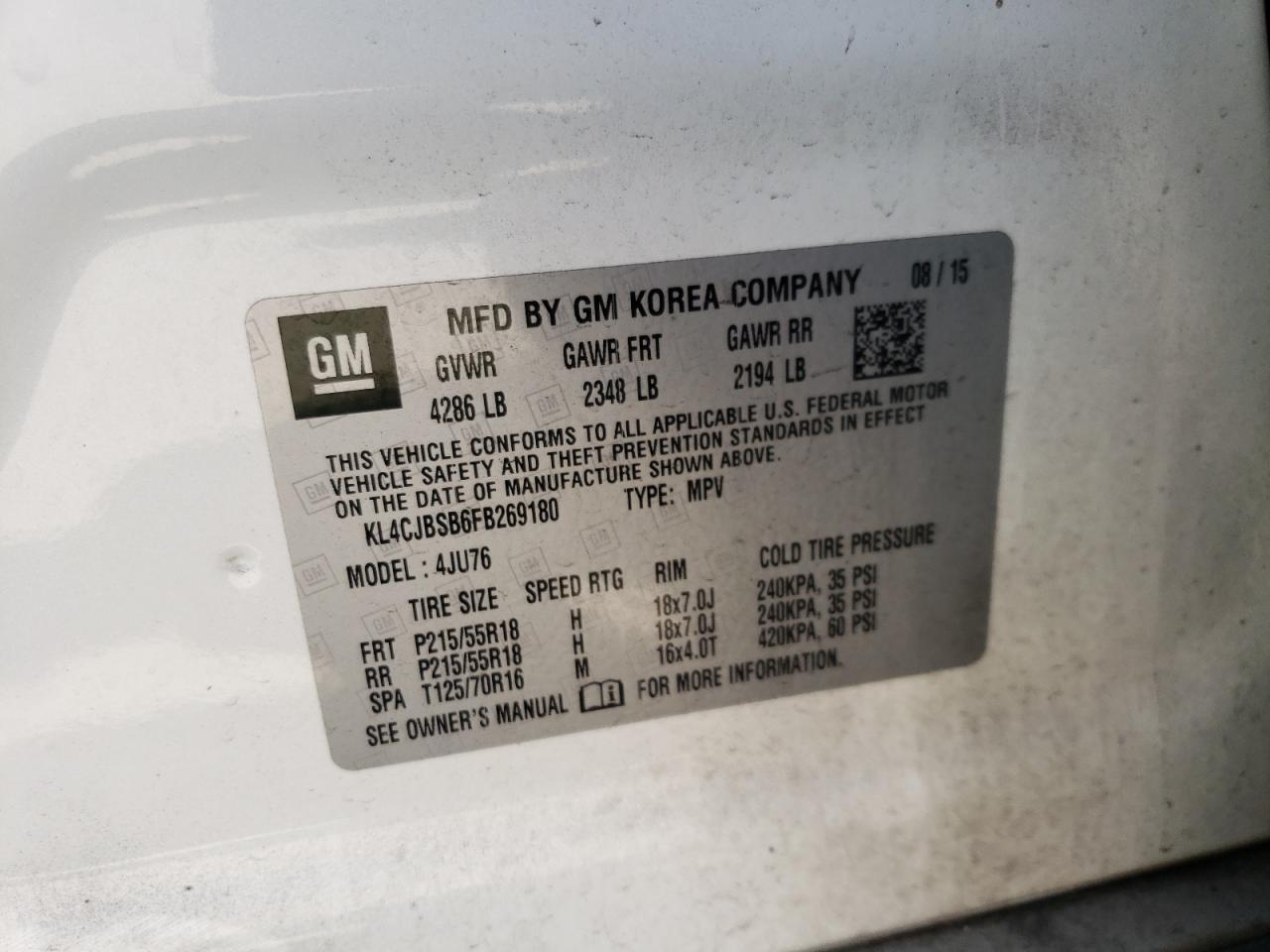 Photo 10 from auction – 2015 BUICK ENCORE CON with VIN KL4CJBSB6FB269180