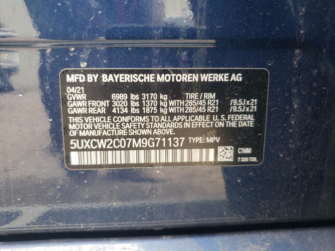 Photo 10 from auction – 2021 BMW X7 XDRIVE4 with VIN 5UXCW2C07M9G71137