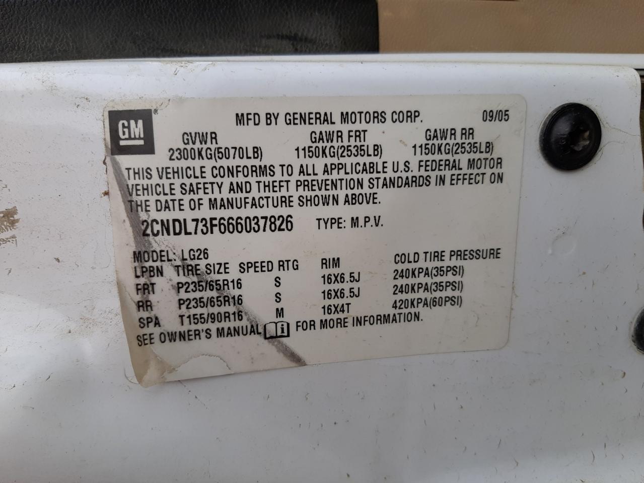 Photo 10 from auction – 2006 CHEVROLET EQUINOX LT with VIN 2CNDL73F666037826