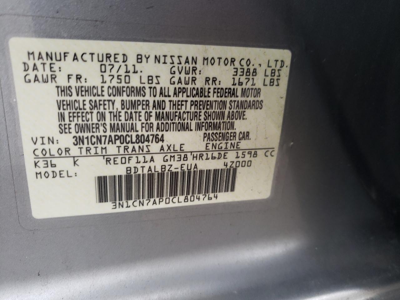 Photo 10 from auction – 2012 NISSAN VERSA S with VIN 3N1CN7AP0CL804764