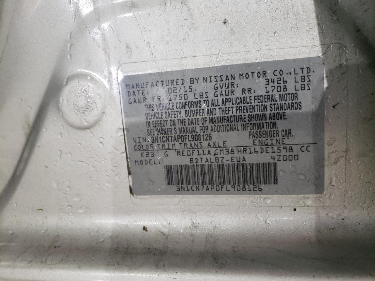 Photo 10 from auction – 2015 NISSAN VERSA S with VIN 3N1CN7AP0FL908126