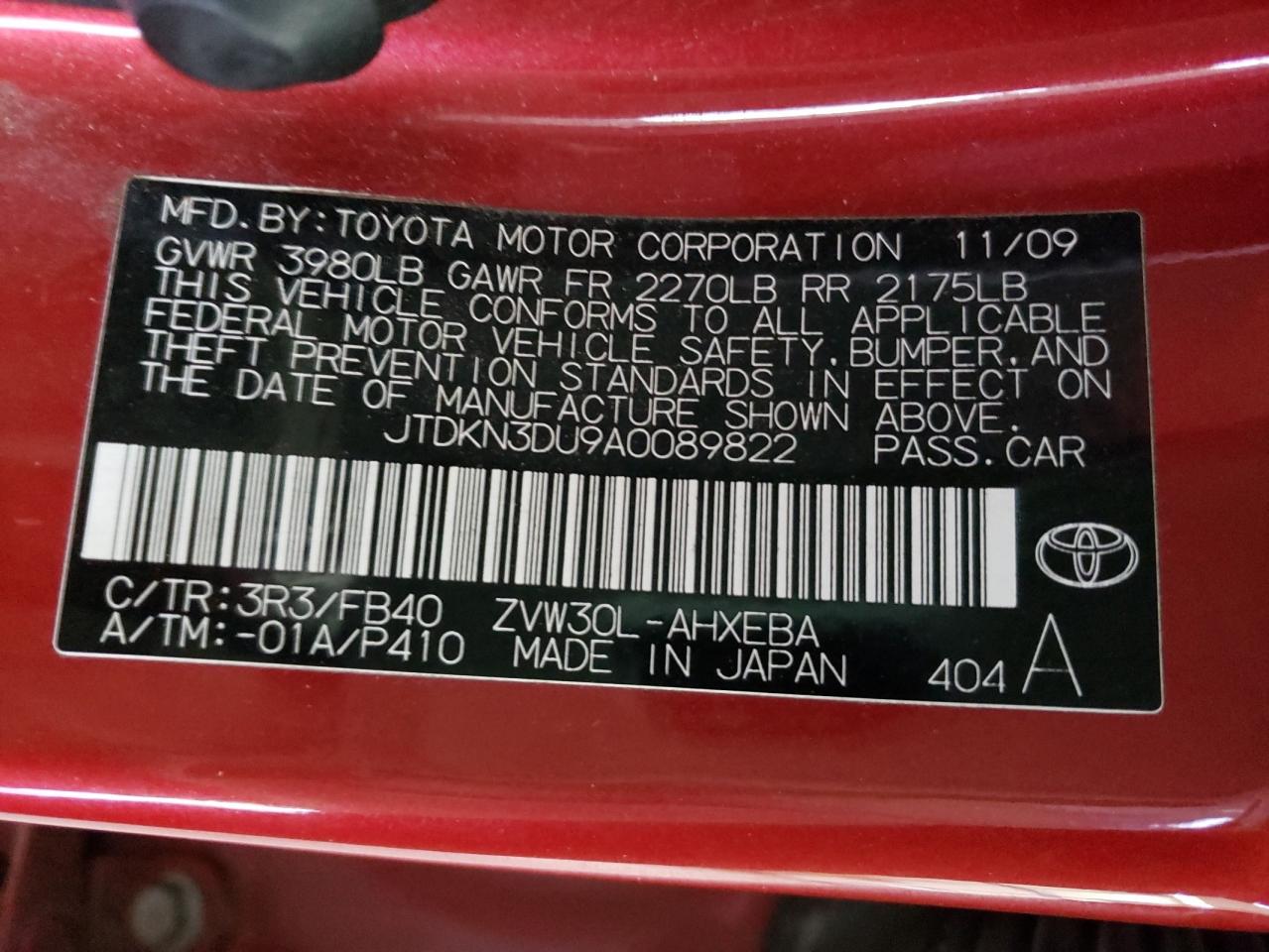 Photo 10 from auction – 2010 TOYOTA PRIUS with VIN JTDKN3DU9A0089822