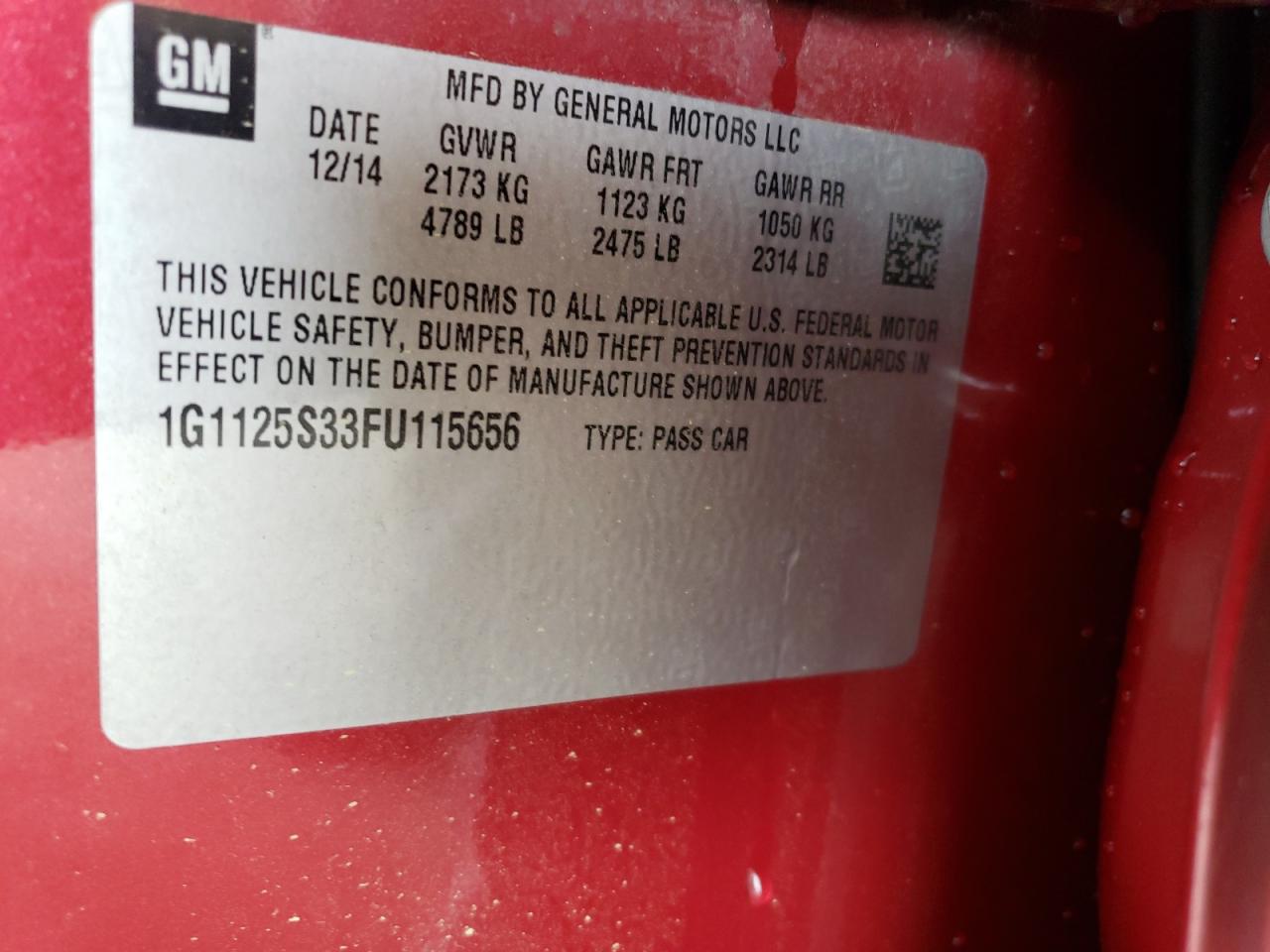 Photo 10 from auction – 2015 CHEVROLET IMPALA LT with VIN 1G1125S33FU115656