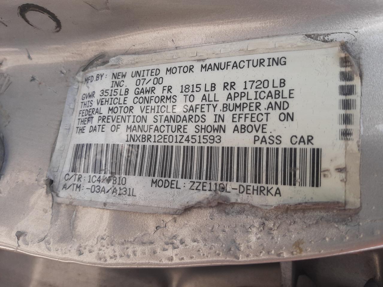 Photo 10 from auction – 2001 TOYOTA COROLLA CE with VIN 1NXBR12E01Z451593
