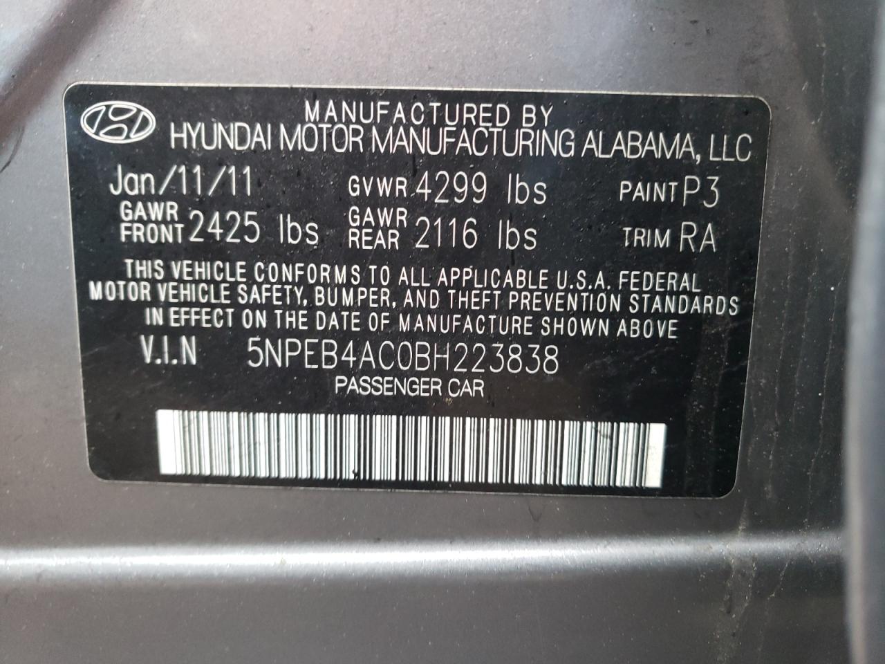 Photo 10 from auction – 2011 HYUNDAI SONATA GLS with VIN 5NPEB4AC0BH223838