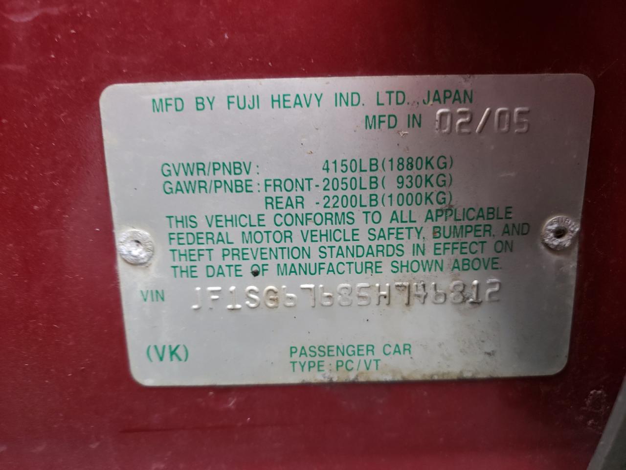 Photo 10 from auction – 2005 SUBARU FORESTER 2 with VIN JF1SG67685H746812