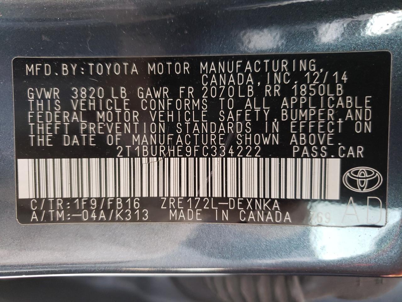 Photo 10 from auction – 2015 TOYOTA COROLLA L with VIN 2T1BURHE9FC334222