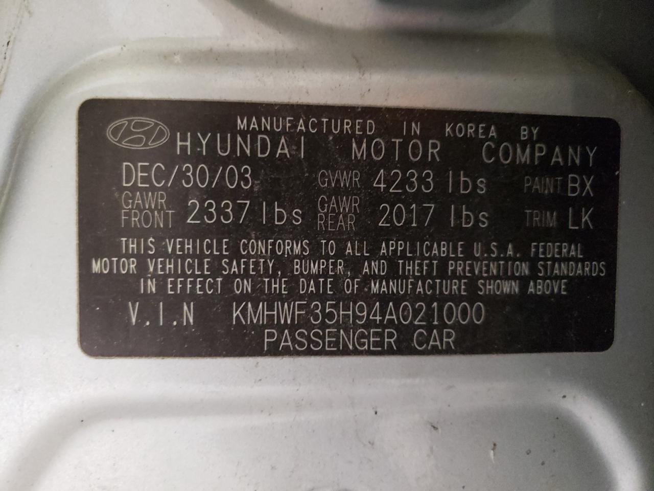 Photo 10 from auction – 2004 HYUNDAI SONATA GLS with VIN KMHWF35H94A021000