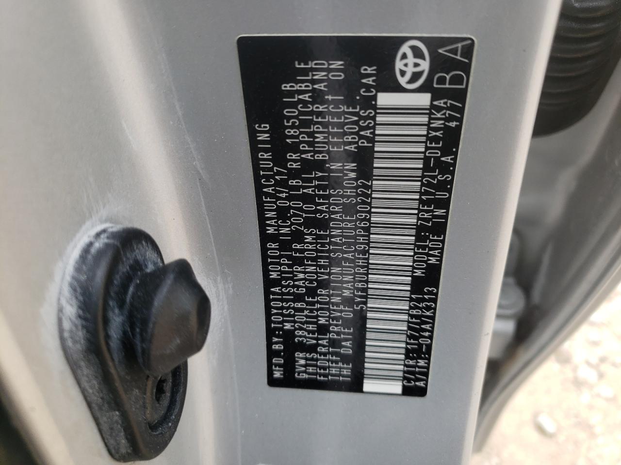 Photo 10 from auction – 2017 TOYOTA COROLLA L with VIN 5YFBURHE9HP690222