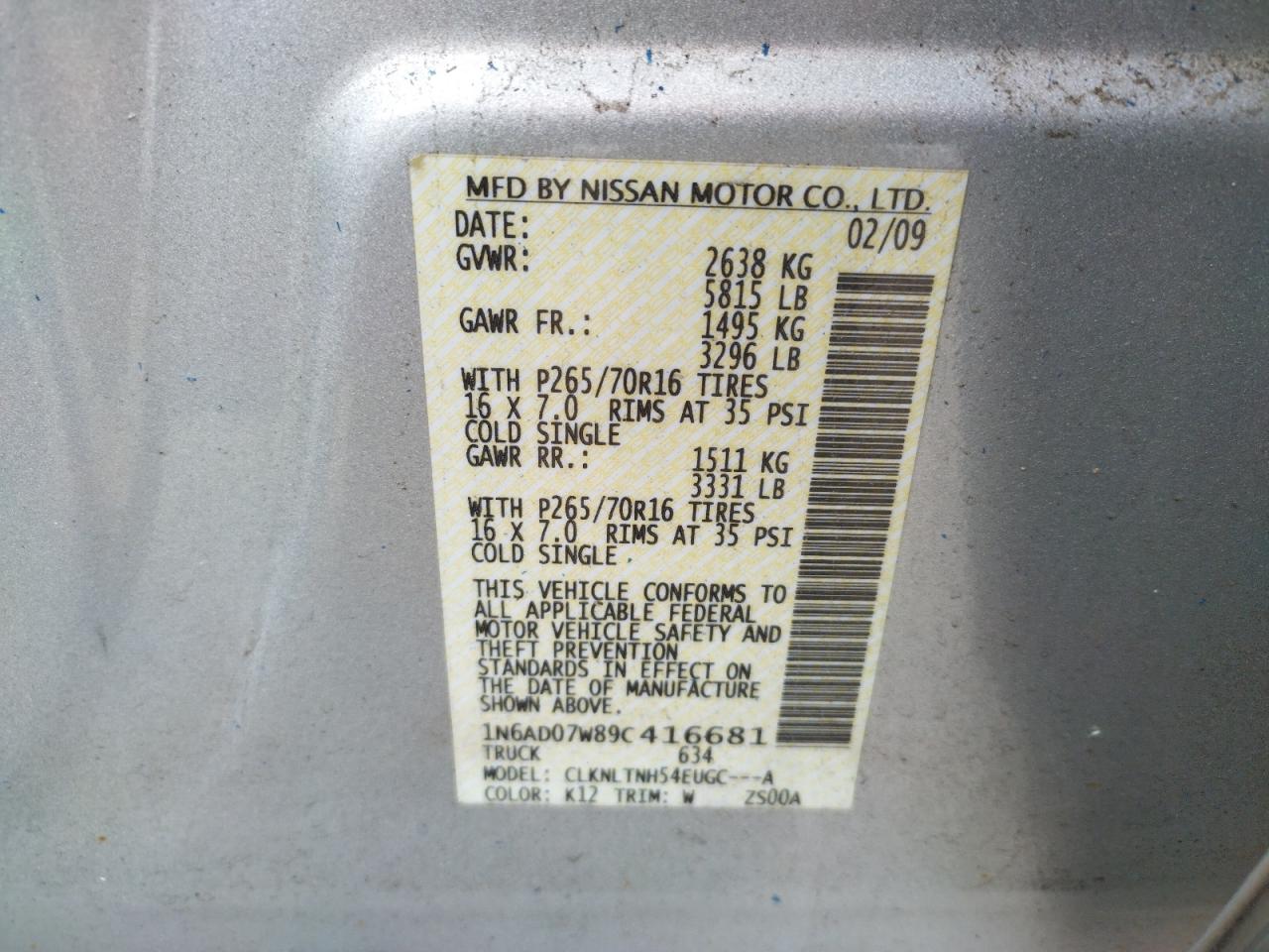 Photo 10 from auction – 2009 NISSAN FRONTIER C with VIN 1N6AD07W89C416681