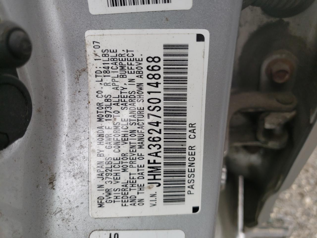 Photo 10 from auction – 2007 HONDA CIVIC HYBR with VIN JHMFA36247S014868