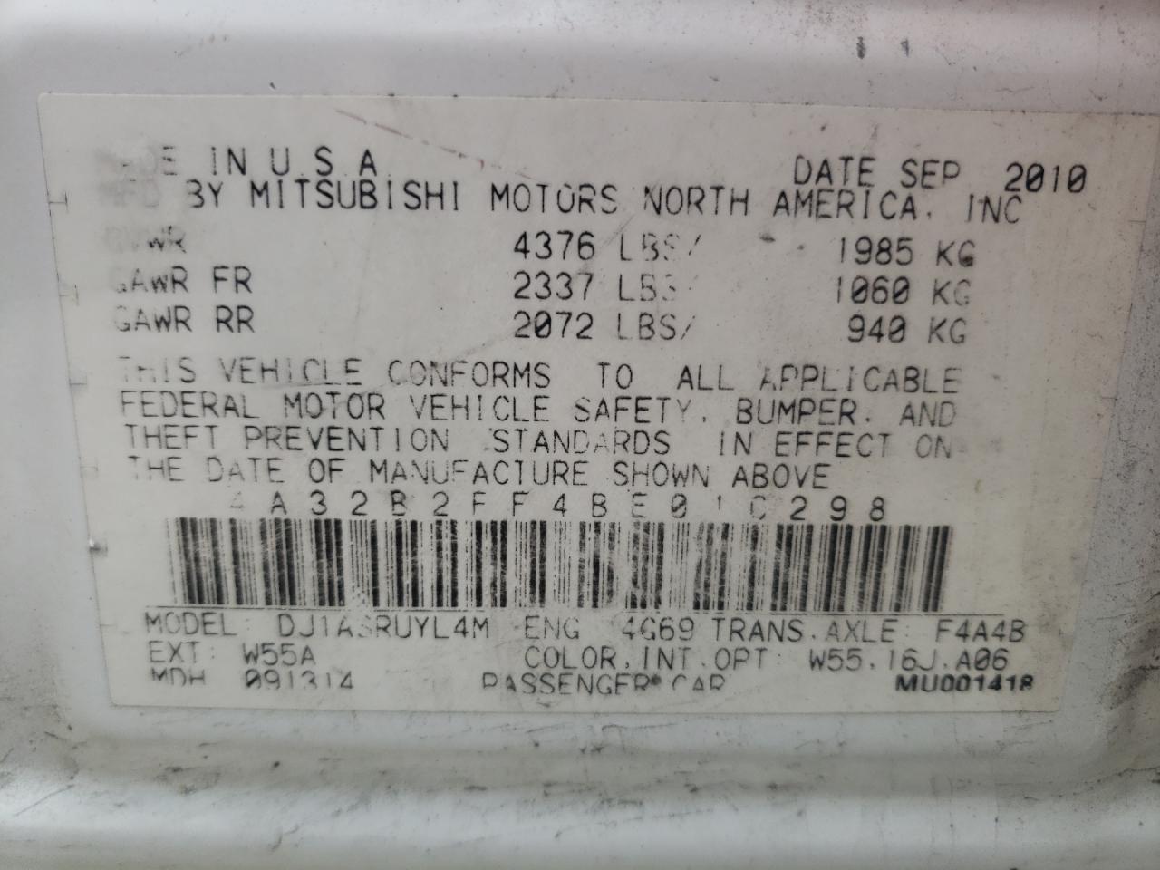Photo 10 from auction – 2011 MITSUBISHI GALANT FE with VIN 4A32B2FF4BE010298