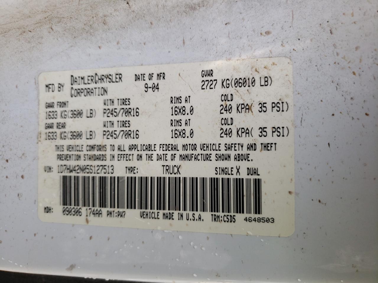 Photo 10 from auction – 2005 DODGE DAKOTA SLT with VIN 1D7HW42N05S127513