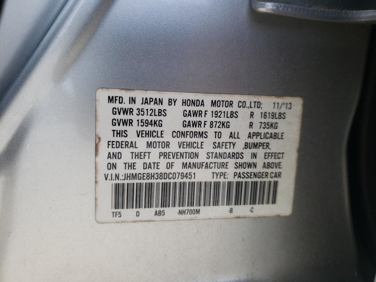 Photo 10 from auction – 2013 HONDA FIT with VIN JHMGE8H38DC079451