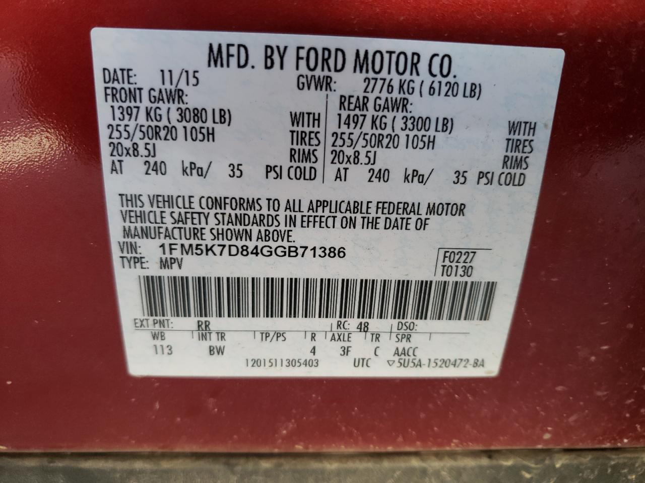 Photo 10 from auction – 2016 FORD EXPLORER X with VIN 1FM5K7D84GGB71386