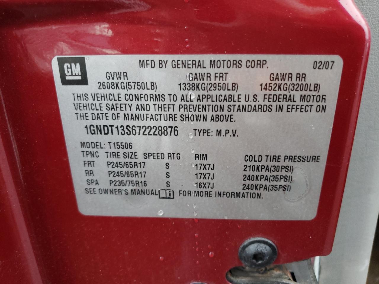 Photo 10 from auction – 2007 CHEVROLET TRAILBLAZE with VIN 1GNDT13S672228876