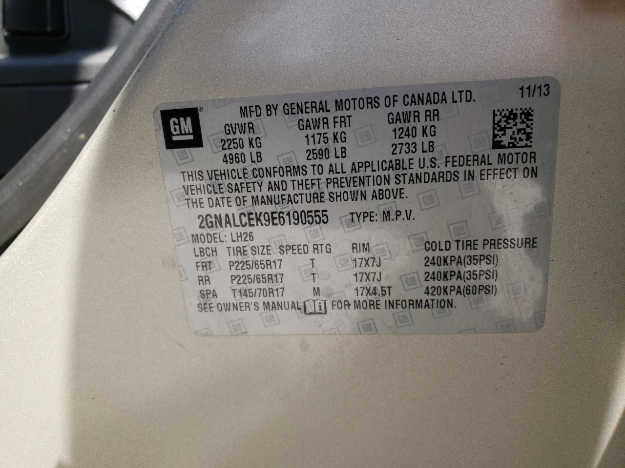 Photo 10 from auction – 2014 CHEVROLET EQUINOX LT with VIN 2GNALCEK9E6190555