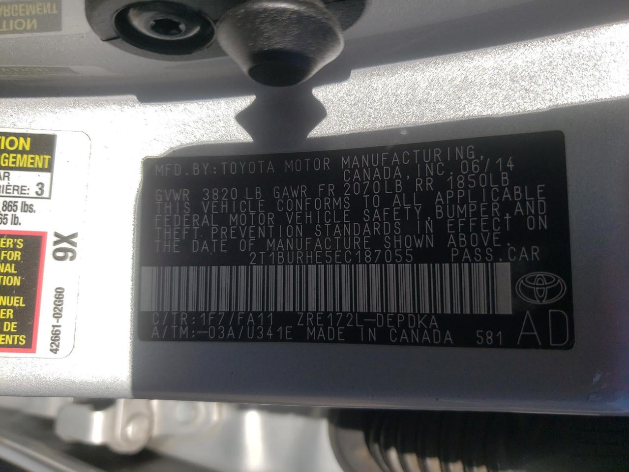 Photo 10 from auction – 2014 TOYOTA COROLLA L with VIN 2T1BURHE5EC187055