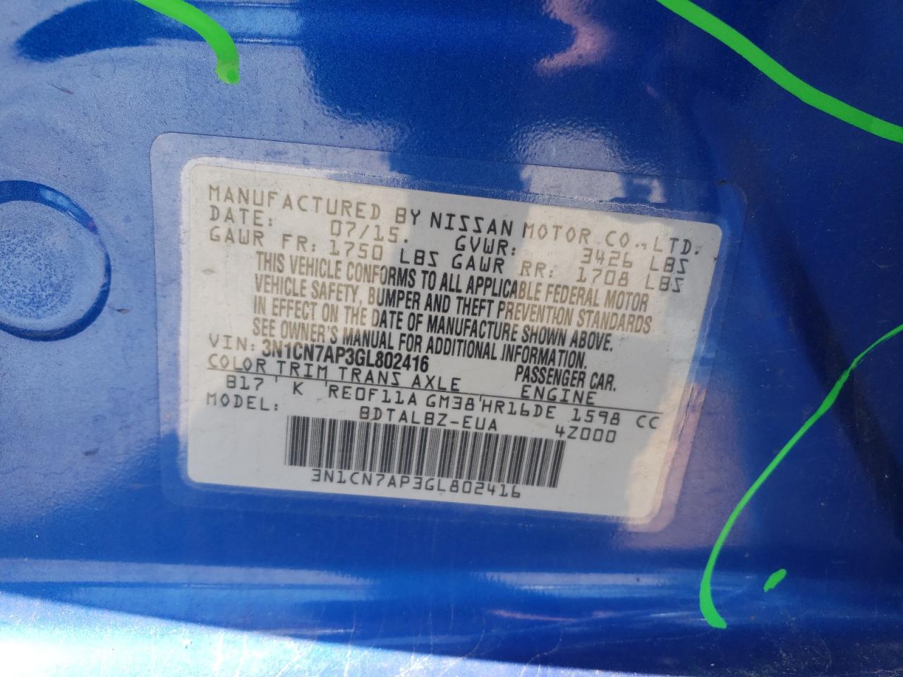 Photo 10 from auction – 2016 NISSAN VERSA S with VIN 3N1CN7AP3GL802416
